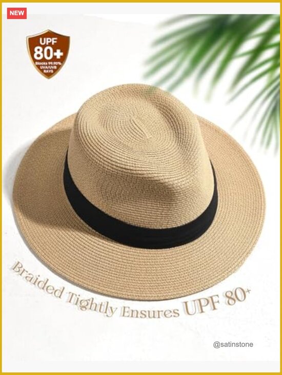 Unisex Wide Brim Fedora Straw Beach Hat UPF 80+ Sun Protection main image 6
